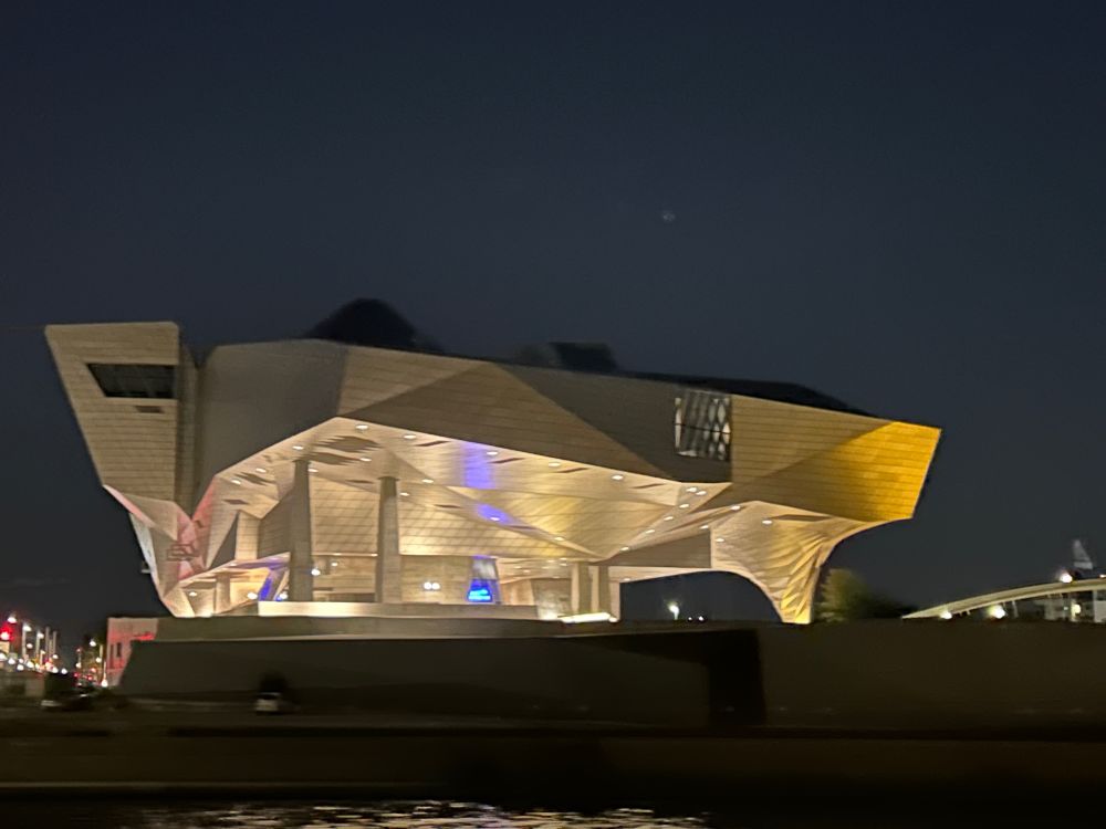 The gorgeous Confluence Museum building by night.