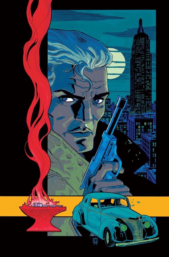 A variant cover for The Peril of the Brutal Dark drawn by interior artist Jacob Phillips, which features a blond man with a moustache holding a gun with a skyline behind him, an old fashioned car, and a magic anvil. 