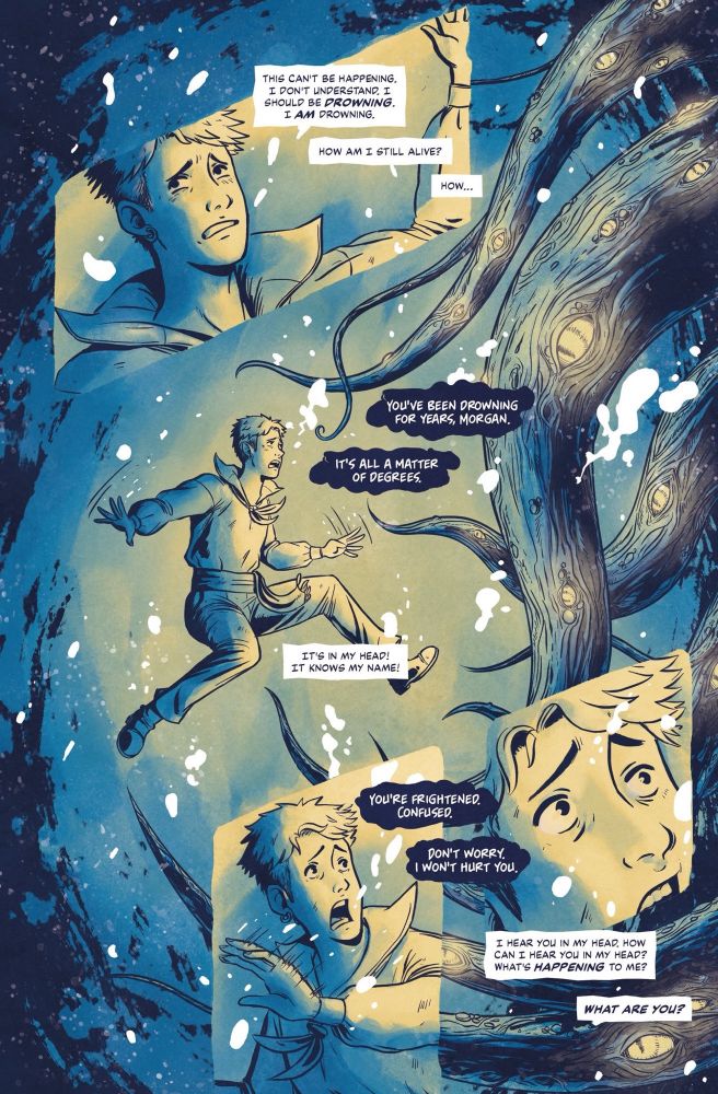 A comic page drawn by Gabe Martini, showing an androgynous white sailor floating under water while psychically talking to a sea monster. The sea monster isn’t fully visible, its many tentacles covered in glowing eyes. The page is colored in shades of blue and yellow. 