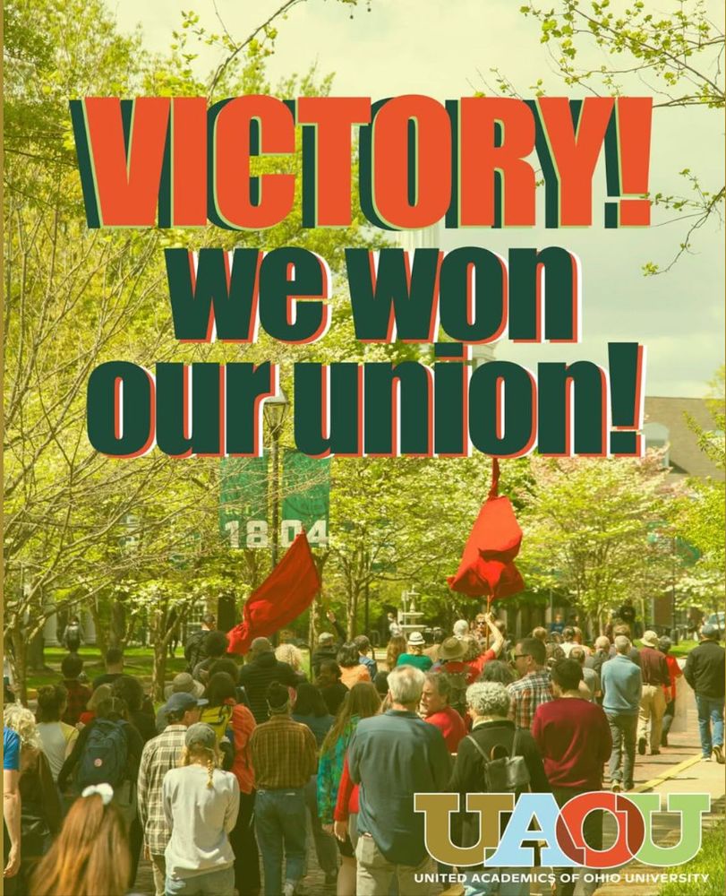 Picture of faculty members marching on the Ohio University campus with the text Victory! We won our union!