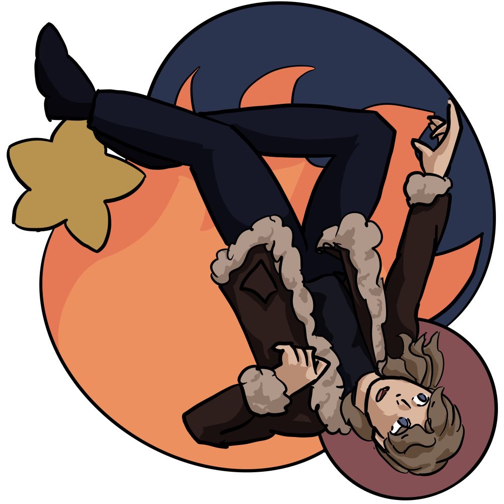 Lisa in a falling position with a flame, a star, and a circle behind her 