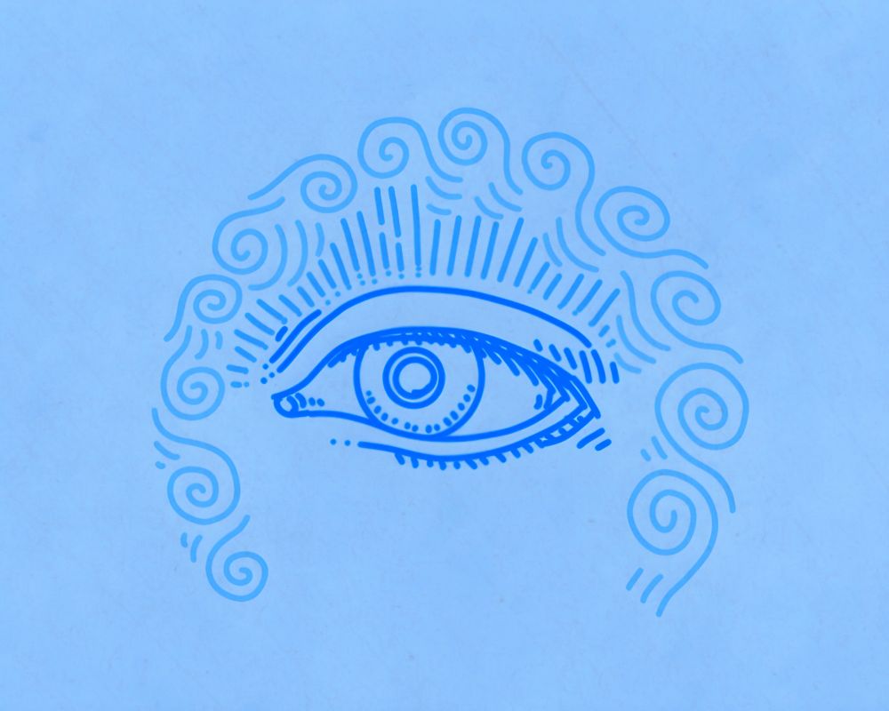Digital art. Line drawing in shades of blue. One piercing eye with rays and spirals radiating outward from it.