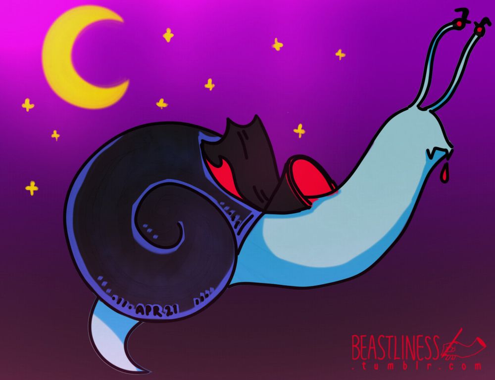 Digital art. Blue snail on a purple background with Dracula accessories.