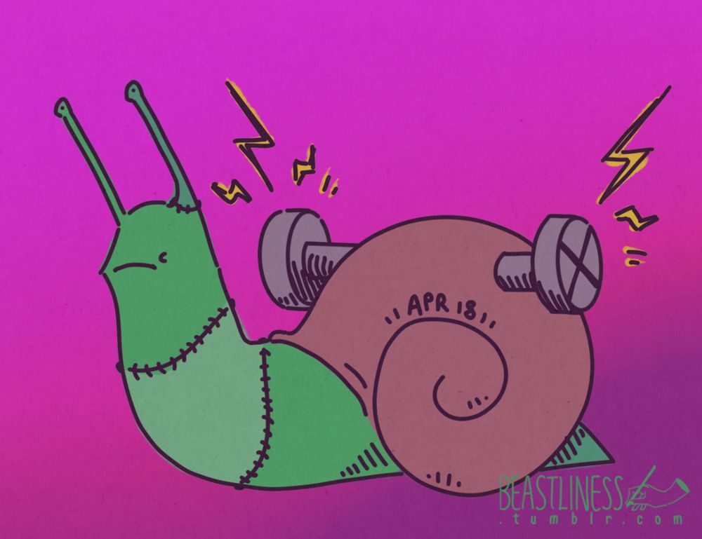 Digital art. Green snail on a purple background with Frankenstein accessories.