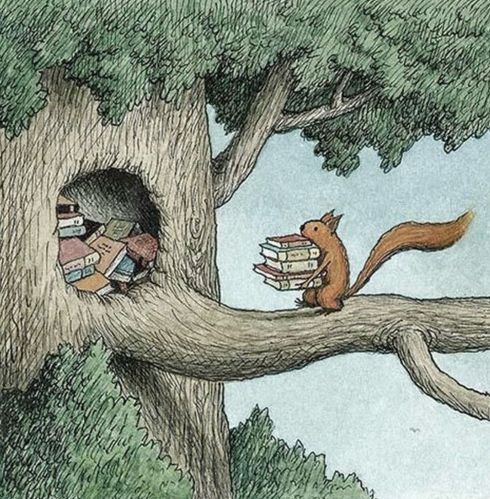 Illustration of a squirrel carrying a pile of books, walking towards a tree hollow full of books. 