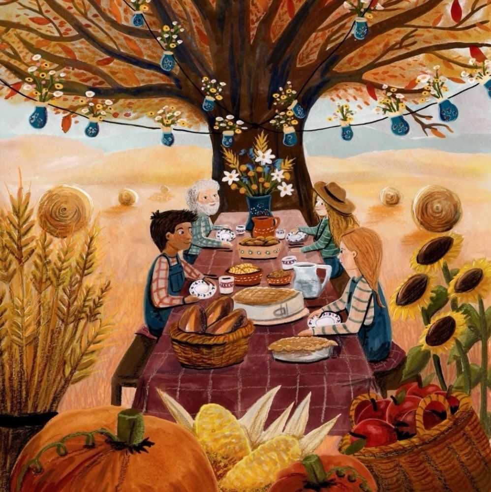 Illustration depicting four people having a meal by a wheat field. There is a decorated tree in the background. 