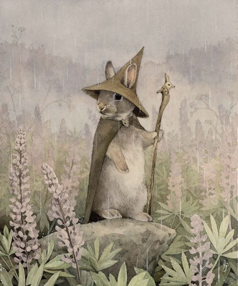 Watercolour illustration of a wizard bunny. 