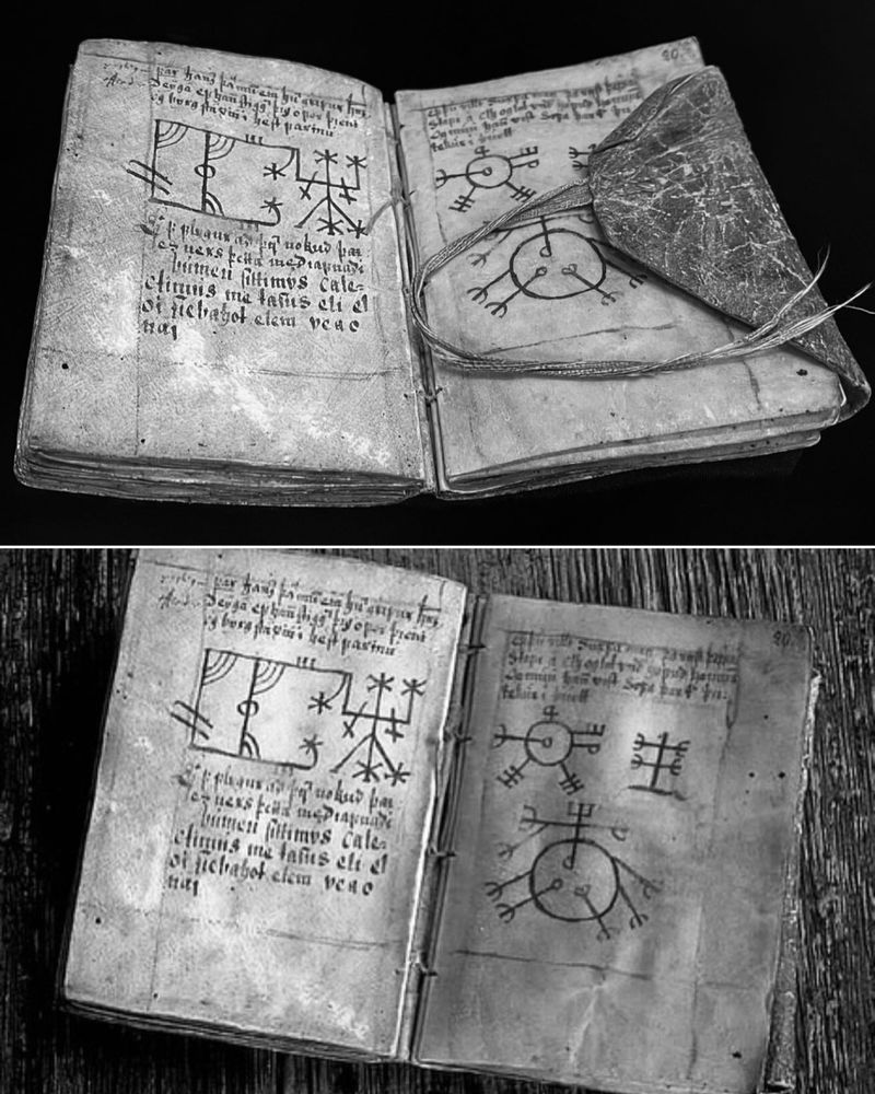 Two black and white photos of a 16th century Icelandic grimoire. 