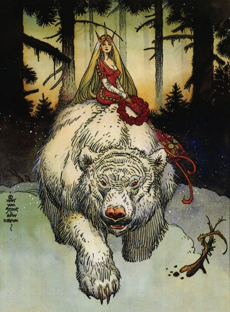 Illustration of a fairy tale princess with long, blonde hair wearing a red dress. She is sitting on a large white bear in a dark forest. 