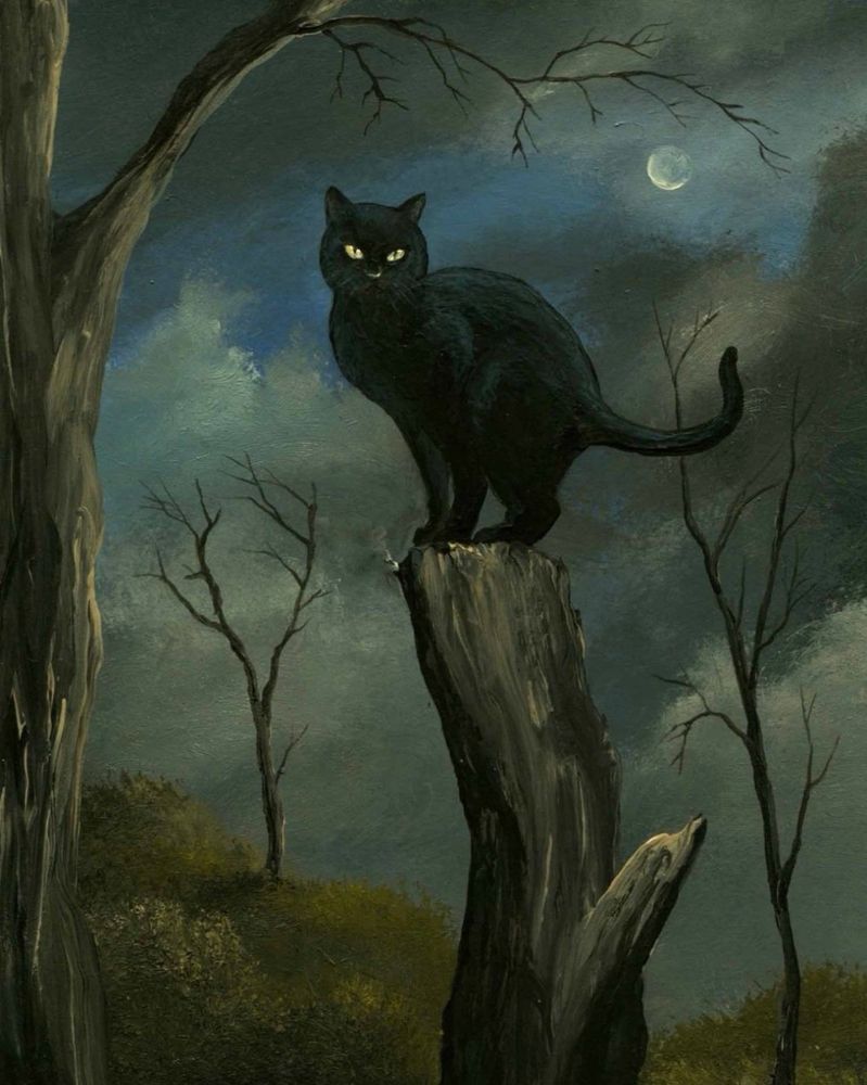 Illustration of a black standing on the top of a tree trunk on a full moon night. There are trees in the background. 