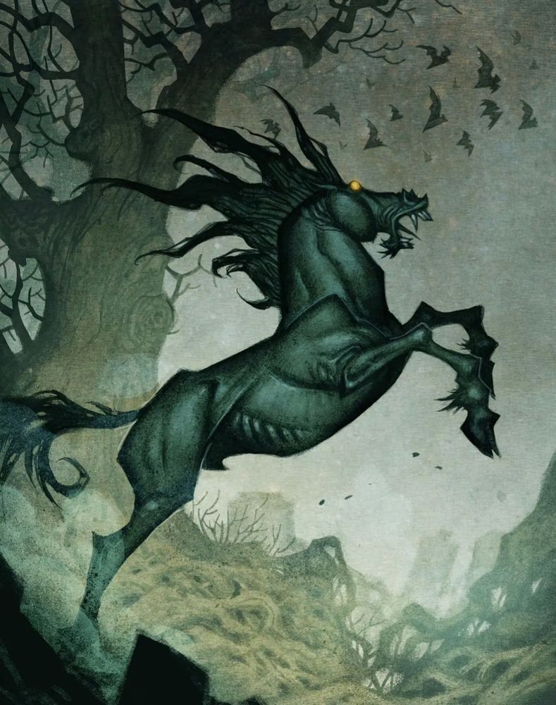 Illustration of a black, three-legged horse standing on its back leg. The horse has orange, glowing eyes. There are gravestones in the background, a tree and some bats. 