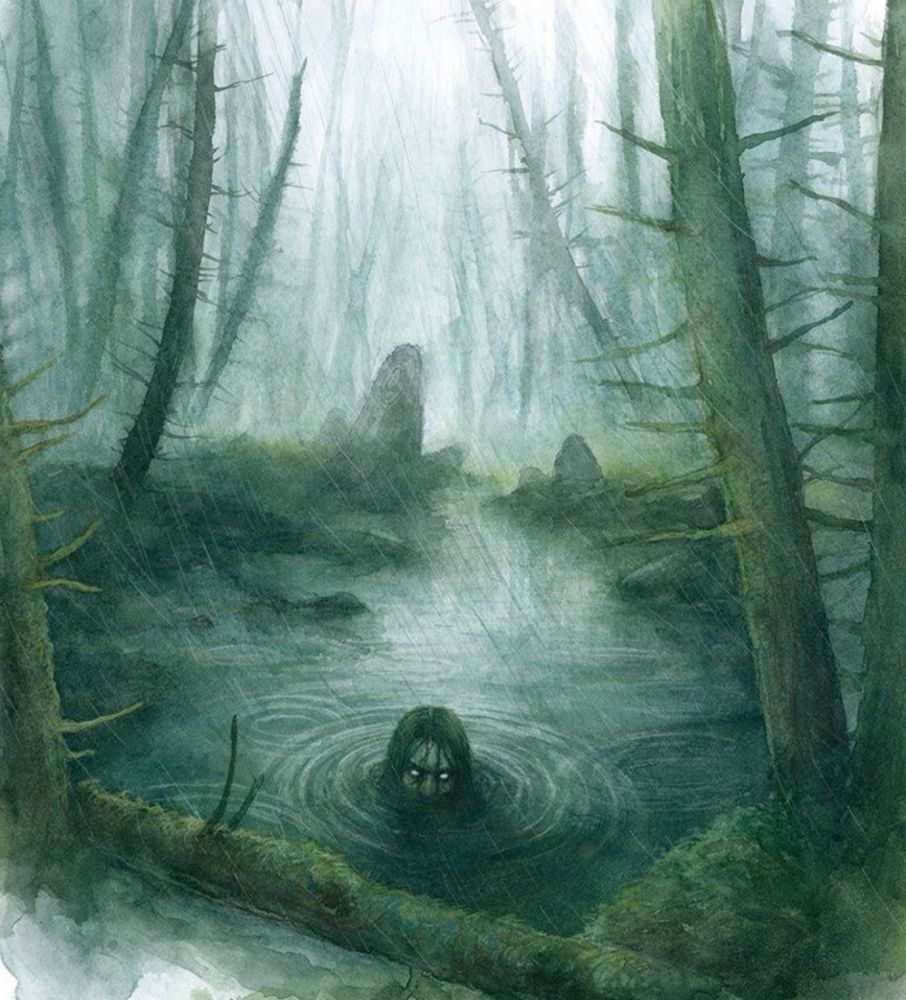 Illustration of a creature with glowing eyes, in a pond in a misty forest, and with rain pouring down. 