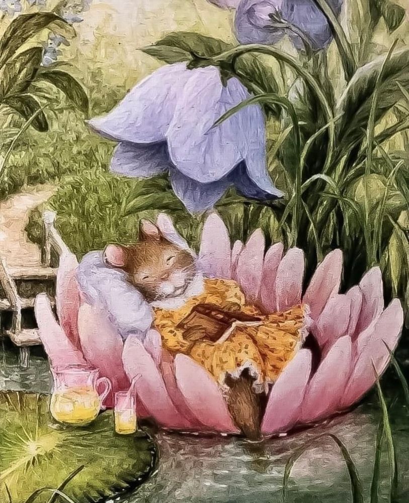 Illustration of a mouse in a dress, sleeping inside a water lily with a book on her lap. 