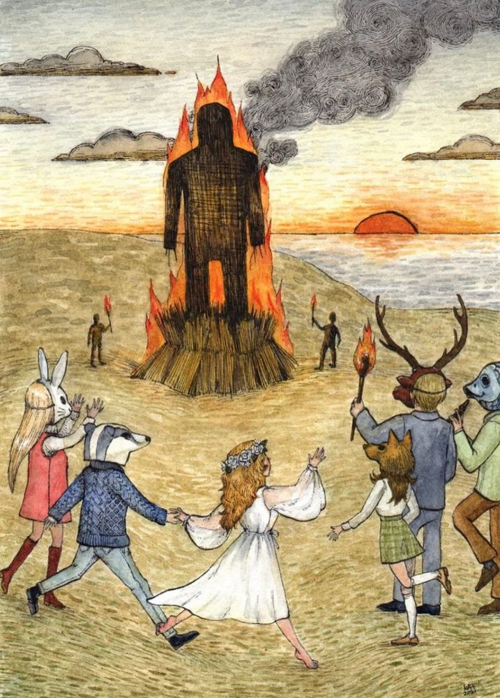 Illustration of people wearing masks dancing around a burning wicker man. 