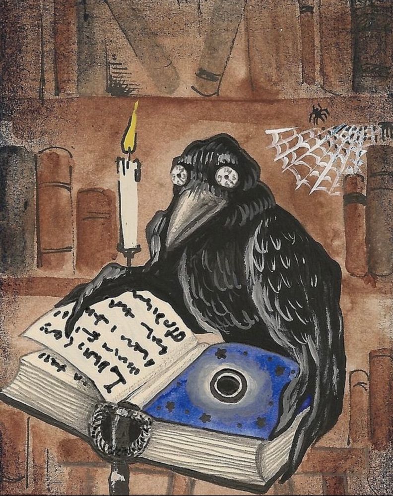 Illustration of a raven with clocks as eyes, reading a book by candlelight. 