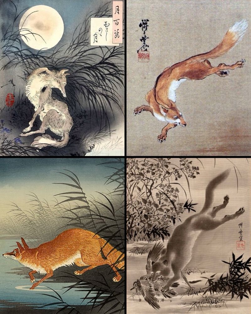 Four artworks:
1. Grey fox on a full moon night.
2. Orange fox jumping.
3. Grey fox catching a bird.
4. Orange fox walking into some water. 