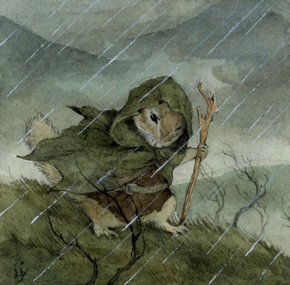 Illustration of a chipmunk in a cloak walking in the rain with a walking stick. 