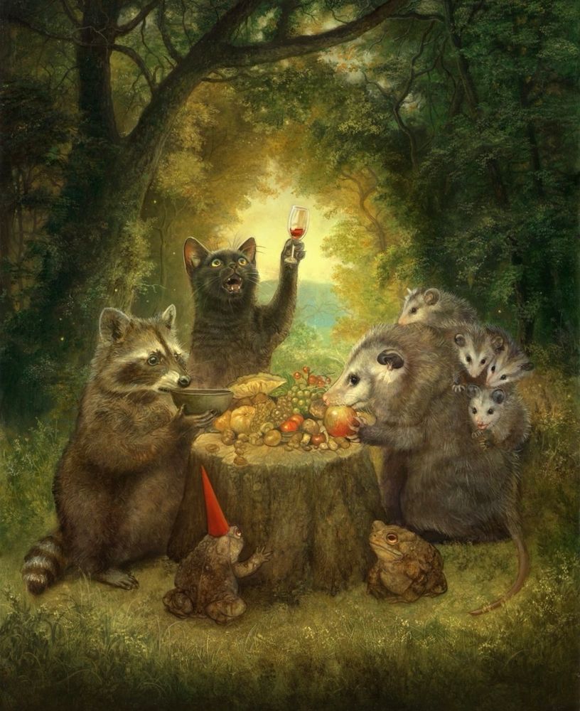 Painting of a cat, a toad, a gnome, a raccoon and an opossum family sharing a meal in the forest. They are eating fruits and drinking red wine. 