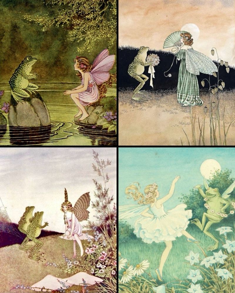 Four vintage illustrations depicting fairies and frogs in woodland scenes with wildflowers, toadstools and ponds. 