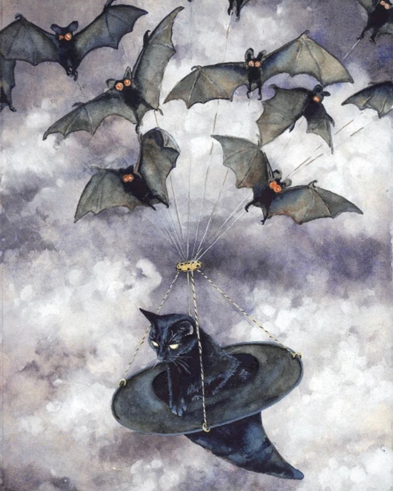 Watercolour illustration of a black cat sitting inside of a witch's hat that is being flown by many bats. 