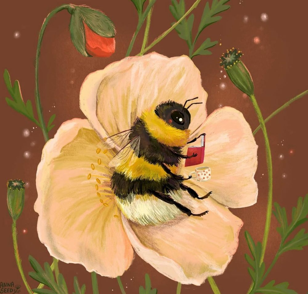 Illustration of a bumblebee sitting inside a flower with a book and a cup of tea. 
