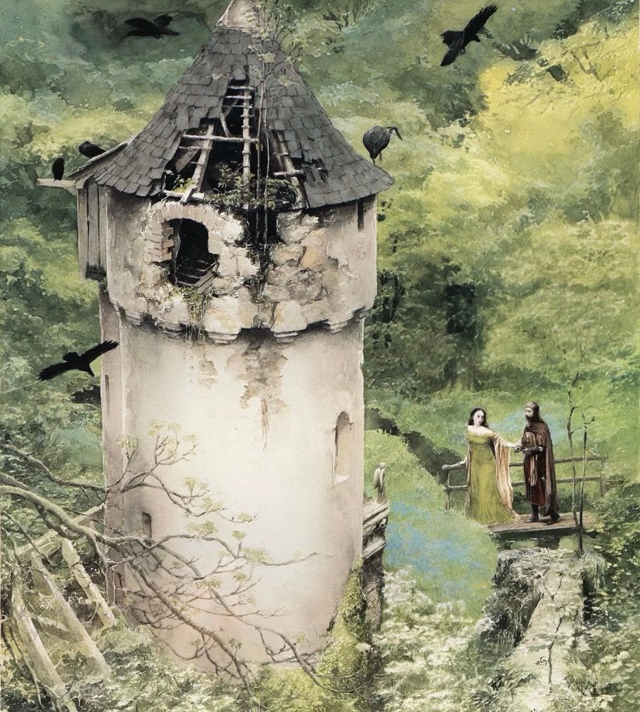 Illustration of an old tower in the woods. A man and a woman is standing outside of the tower. 