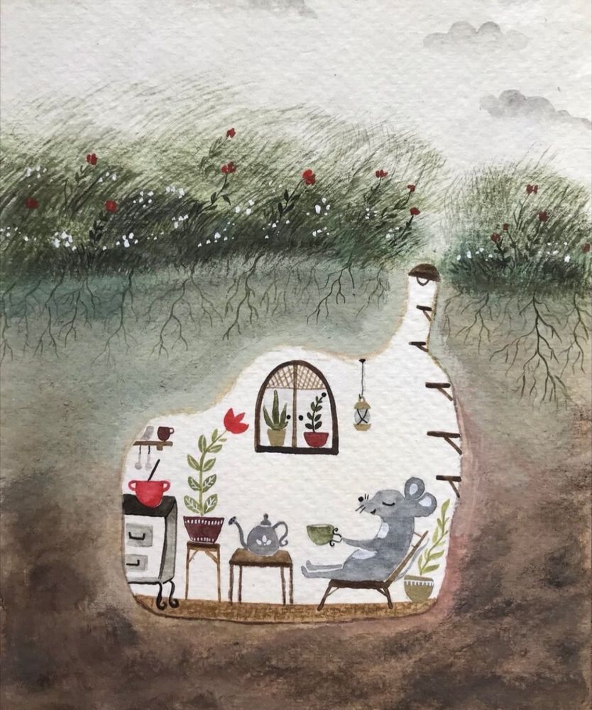 Illustration of a mouse drinking tea in a cozy burrow. There are lots of plants and a table with a teapot. 