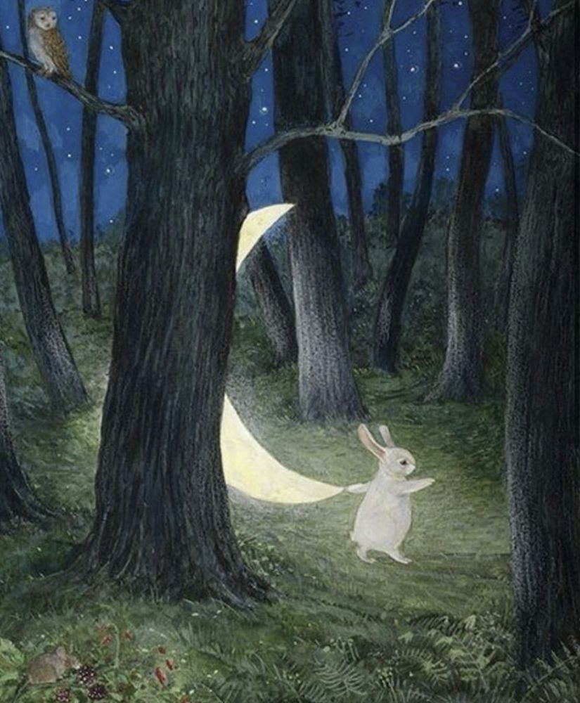 Illustration of a rabbit bringing the crescent moon into the woods on a starry night. An owl is watching from a tree top. 