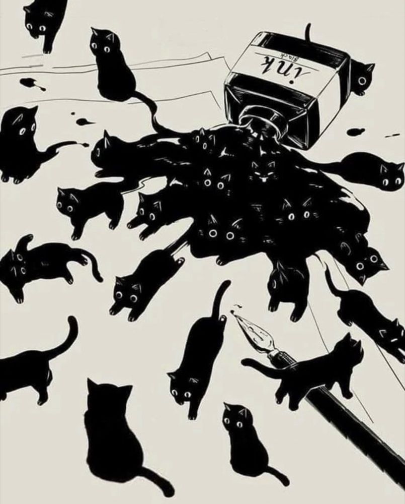 Illustration depicting a bottle of spilled ink in the form of black cats. 