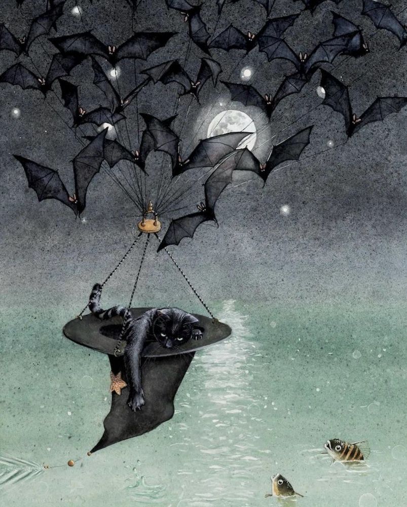 Illustration of a black cat riding in a pointy witch hat pulled by bats. 
