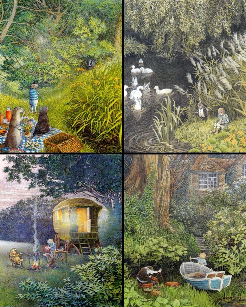 Four illustrations depicting anthropomorphic animals in lush summer nature, having picnics, going on boat rides and reading by a lake with swans. 