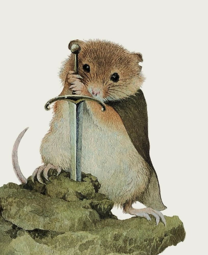 Watercolour illustration of a mouse in a cloak pulling a sword out of a rock