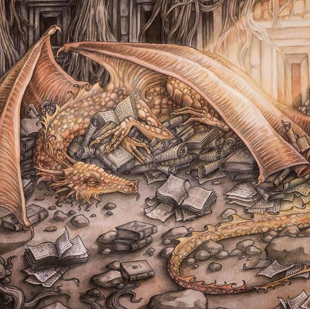 Illustration of a book hoarding dragon, lying on top of a huge pile of books. 