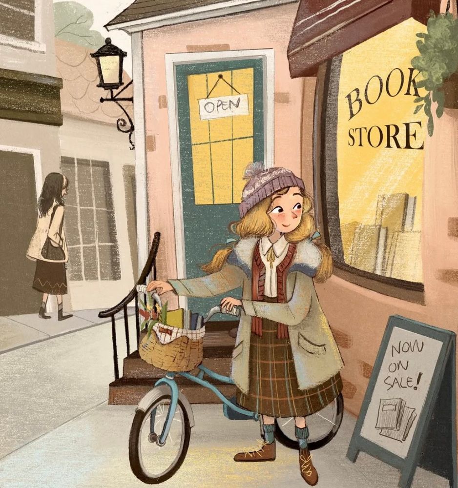 Illustration of a girl with a bicycle standing outside a bookstore where there is sign that says "sale". 
