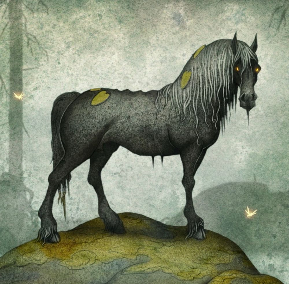 Illustration of black horse with  red, glowing eyes standing in a dark forest. 