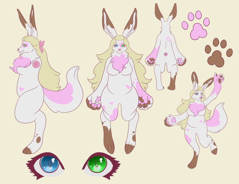 A fursona reference of a white, pink, and brown hybrid of a dog and a bunny.
