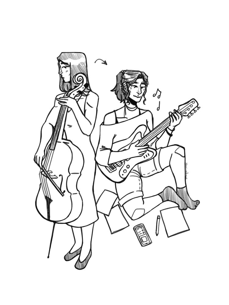 Two versions of caitlyn. On the left is caitlyn with her hair down, playing cello in a dress. On the right is caitlyn sitting on the floor, her hair in a ponytail showing ear piercings, playing bass with papers and her phone on the floor