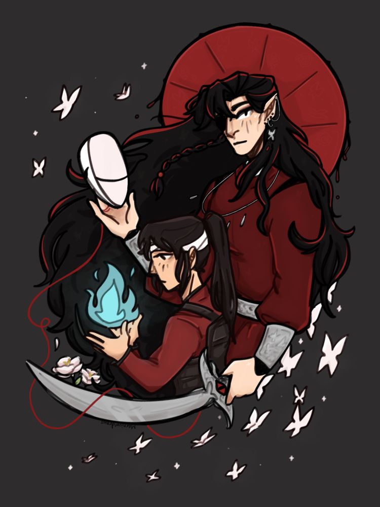 A drawing of various lives a hua cheng. On the right is hua chengs true form, holding eming with his left hand. His head is surrounded by a halo of his red umbrella. His right hand is lifting up wu mings mask. Beside him is a hong-er, who is holding a blue ghost fire. Hua chengs hair is cascading down his shoulder and the rest surrounding everyone. At the tip of eming are two white flowers. On the top left and bottom right are white butterflies. A red string of fate makes its way from hua chengs right hand to eming.