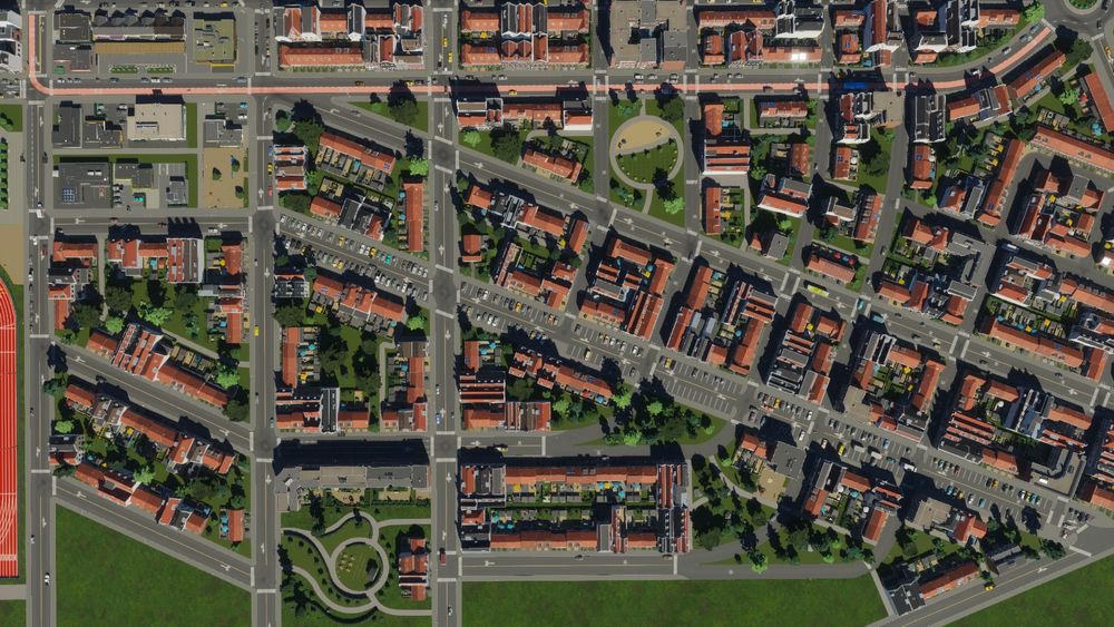 Capture d'écran du jeu Cities: Skylines 2 : vue aérienne du quartier