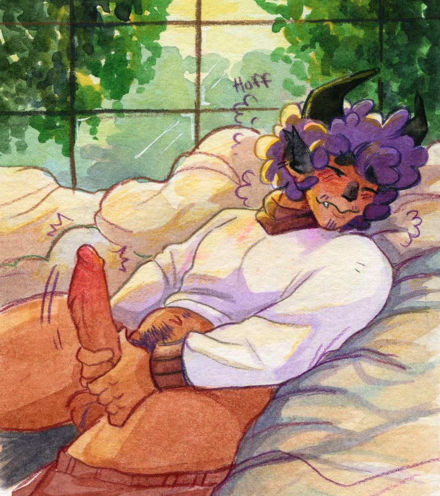 Pornographic watercolor artwork of Markus laying back on some blankets stroking his cock. 