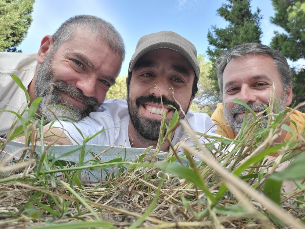 Three people chill on the grass while smiling at the camera
