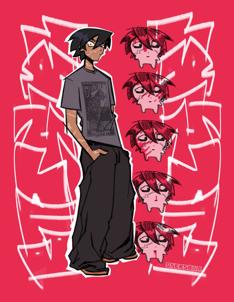 scar-covered cassandra cain in baggy pants and a baggy t shirt with godzilla on it. she's standing with her hands in her pockets facing the viewer with her lips pursed. there are five chiikawa looking mini versions of her with different types of blood splatters on their faces placed next to her vertically.