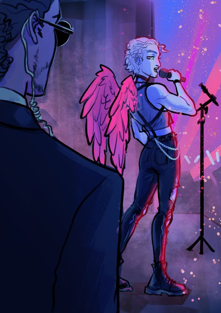 Hawks on stage singing while glancing towards Aizawa who is from the viewer perspective looking back at Hawks 