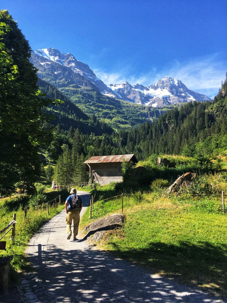 The photo depicts a man walking on a path through a valley in the Swiss Alps. Snow-capped mountains rise in the background, with lush green forests and a traditional wooden farm building nestled amidst the landscape. The path is bordered by green grass and a simple fence, leading towards the mountains. This is a picture of me hiking in Switzerland several years ago.