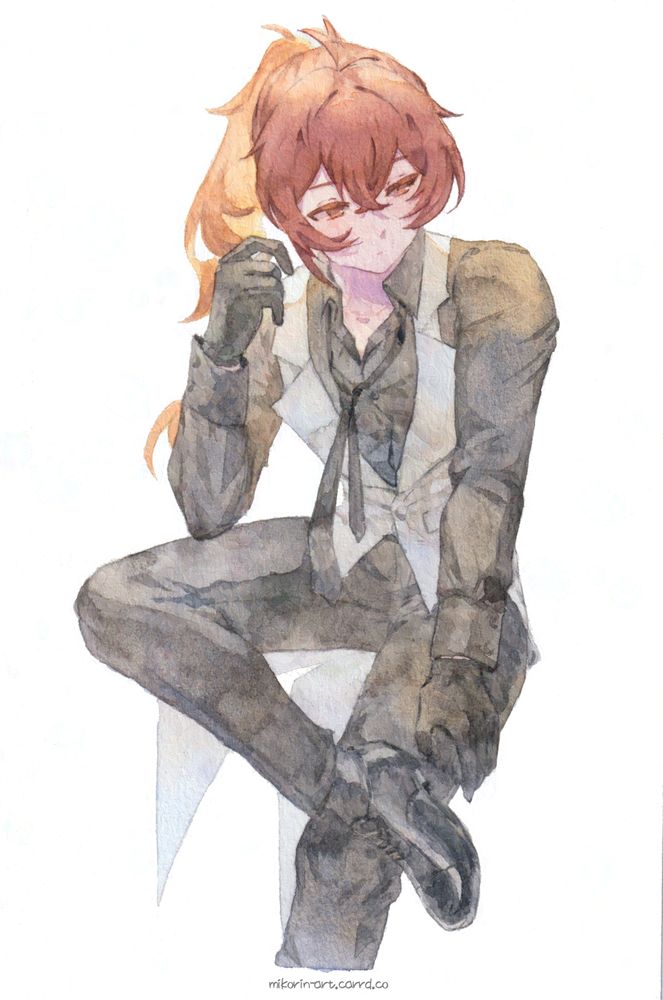 a traditional watercolor painting of a man with long red hair in a ponytail, wearing a white vest with a black shirt and pants, sitting and looking to the right.