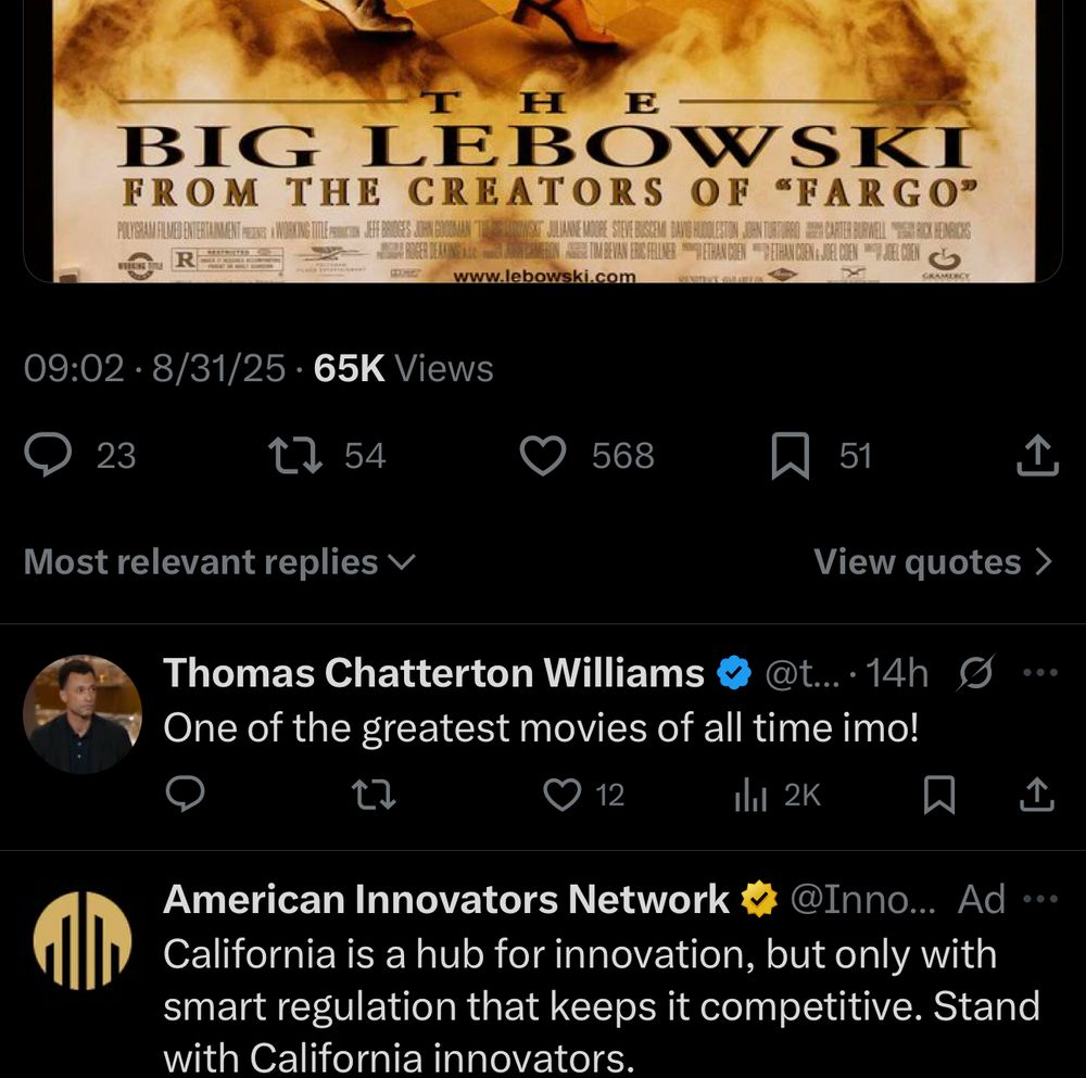 TCW responding to JCO on X regarding The Big Lebowski, and striking out 000 