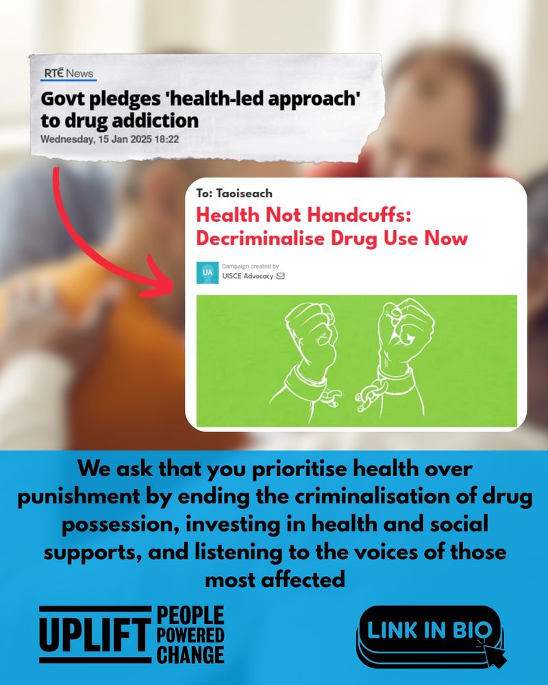 Image of a headline showing the government said they pledge to a health lead approach on drug use. An arrow points to a petition calling for healthcare not handcuffs 