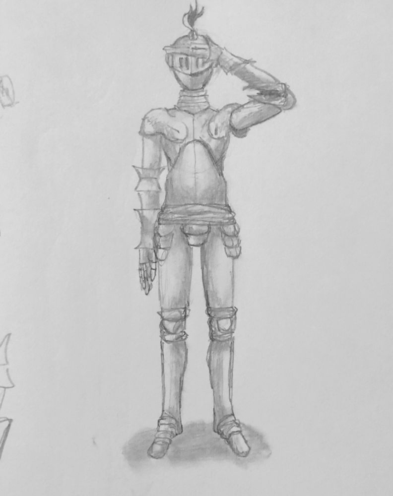 A person in knights Armor with one hand over their eyes/visor, as if to peer at something.