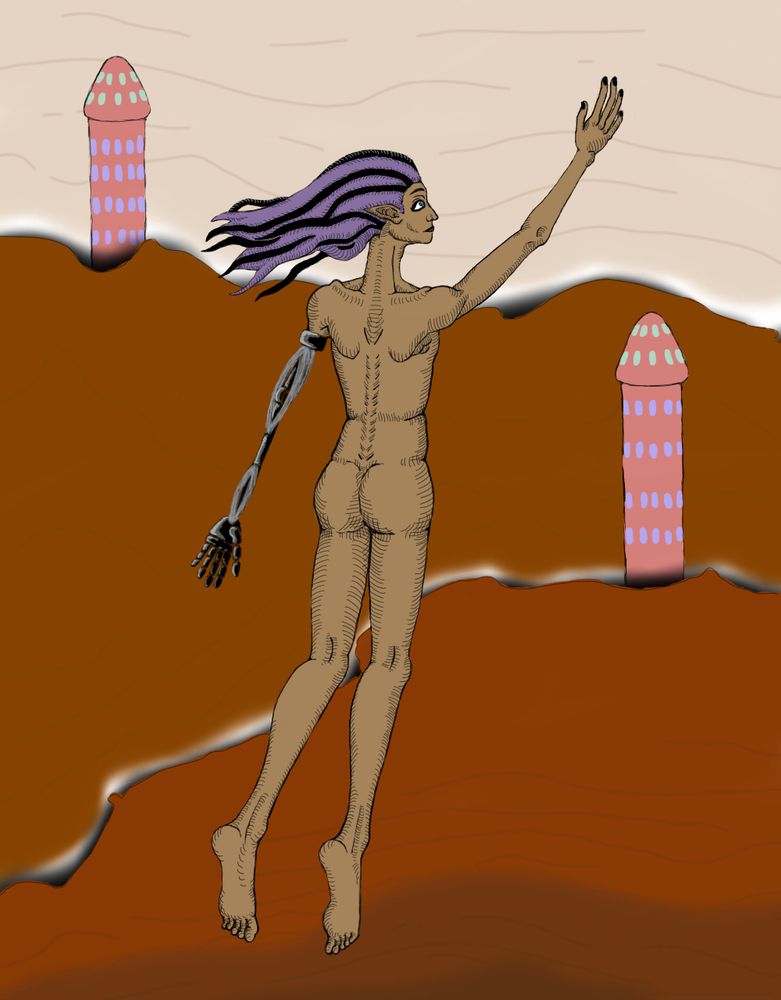Nonspecific person falling from an unknown source with a bland background with two (somewhat phallic) towers in the distance. They are wearing no clothes.