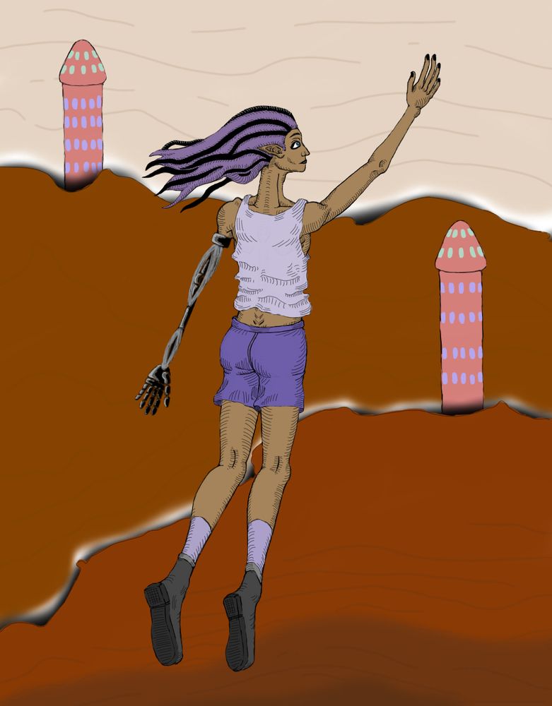 Nonspecific person falling from an unknown source with a bland background with two (somewhat phallic) towers in the distance. They are wearing shorts, a tank top, calf socks, and boots. Their clothing (except the boots) are all different versions of the color blue.